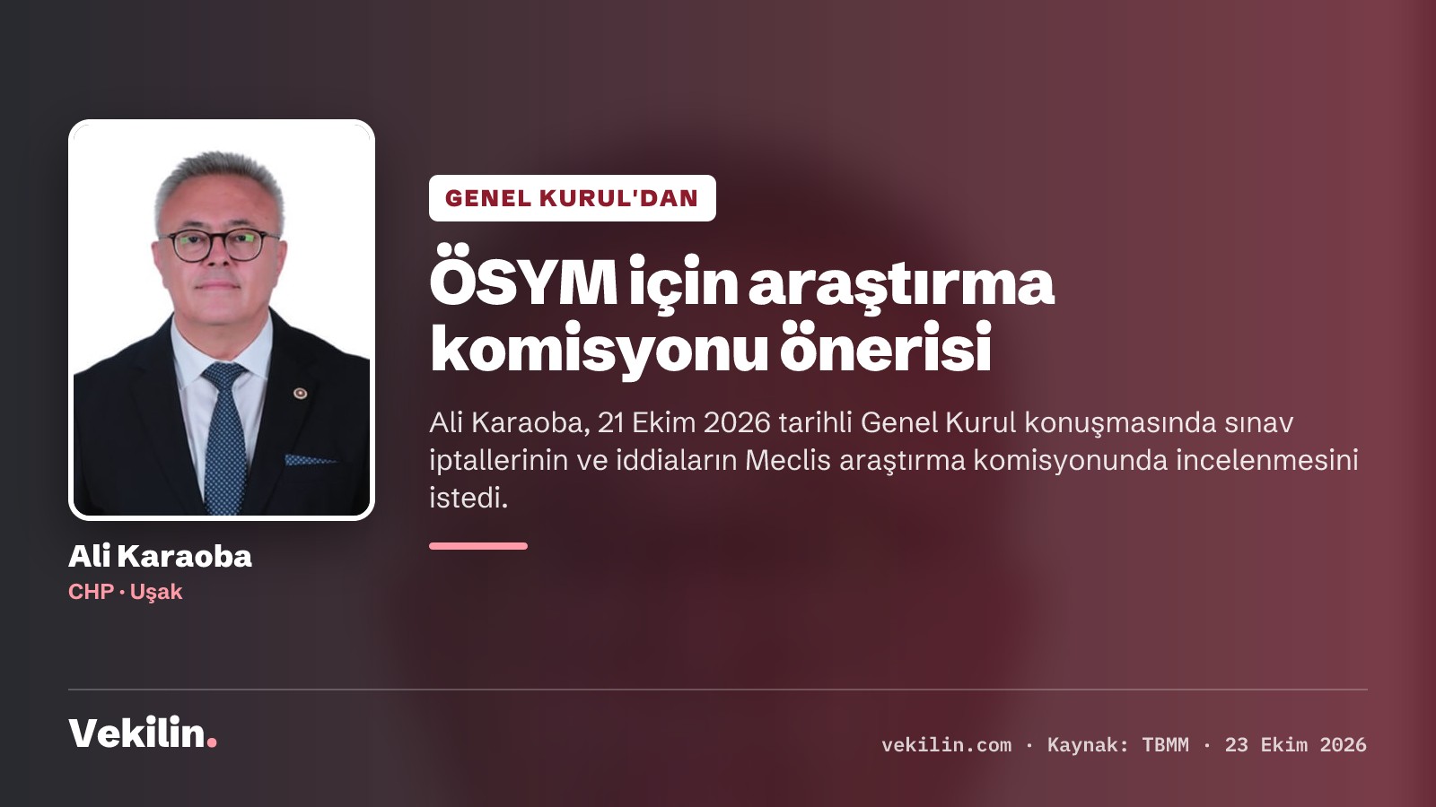 Ali Karaoba, ÖSYM sınavlarının araştırılması için komisyon kurulmasını istedi